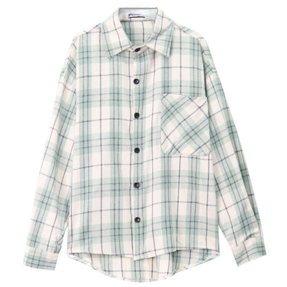 Green Check Shirt Top Lazy Loose Polo Collar Women's