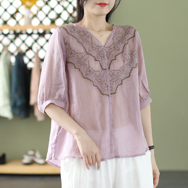 Cottagecore-Inspired Women's V-Neck Lace Embroidered Cotton Linen Half-Sleeve Shirt