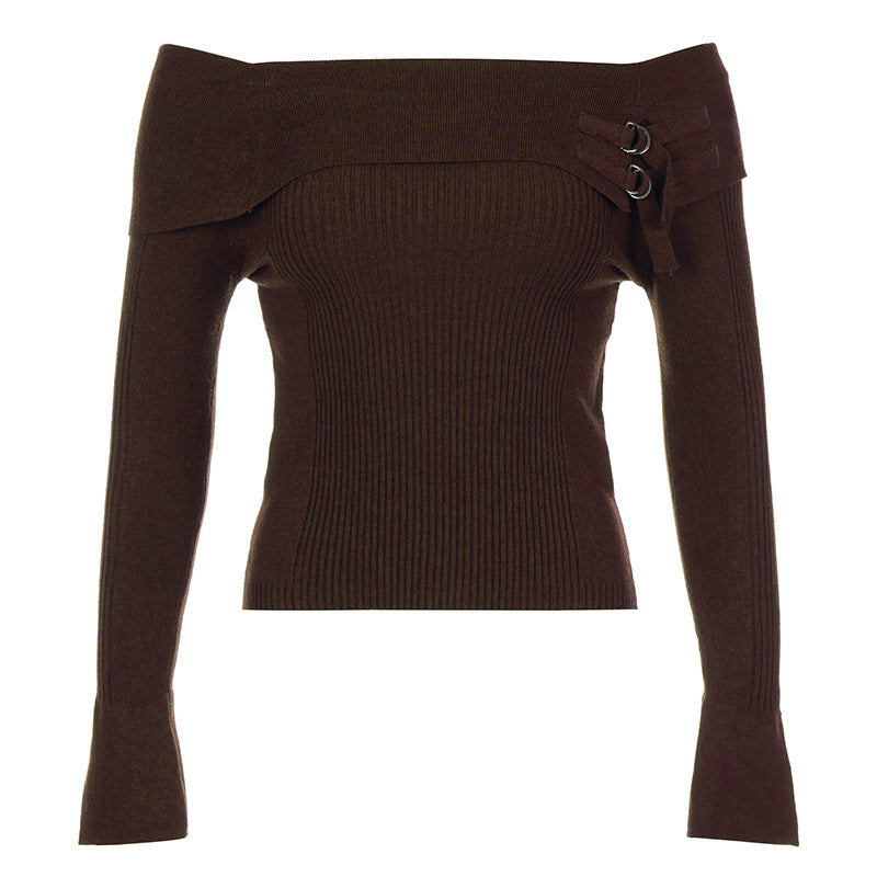 Women's Sweater Brown Cuffed Off-shoulder Metal Buckle Sweater