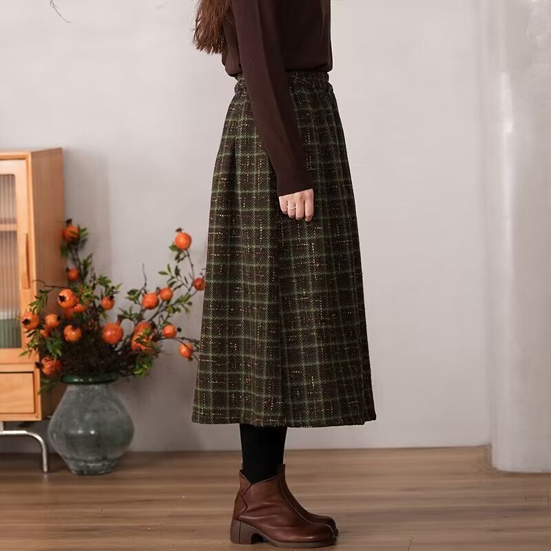 Women's High Waist Plaid Woolen Skirt