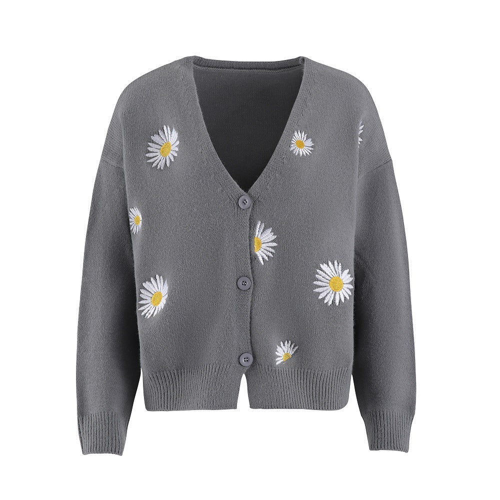 Cozy Chic Style Embroidered Daisy Cardigan