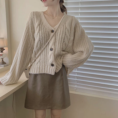 Women's Solid Color Button Twist Loose Knit Sweater Jacket