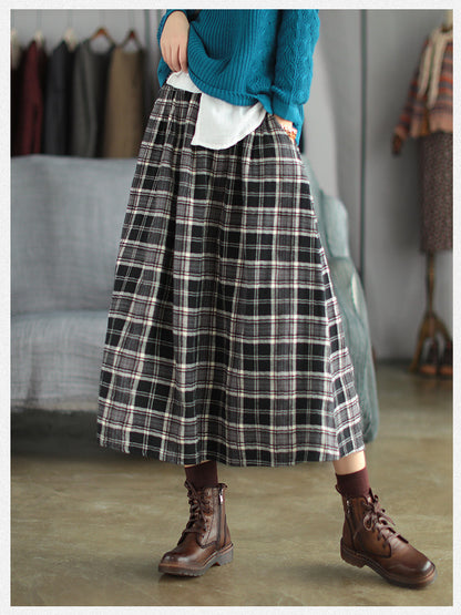 Ancient Coffee Clothing Artistic Brushed Plaid Skirt Retro Loose A- Line