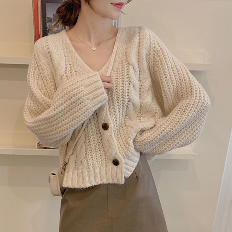 Women's Solid Color Button Twist Loose Knit Sweater Jacket