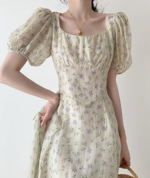 Floral Square Collar Women's Design Sense Niche Texture Puff Sleeve Dress