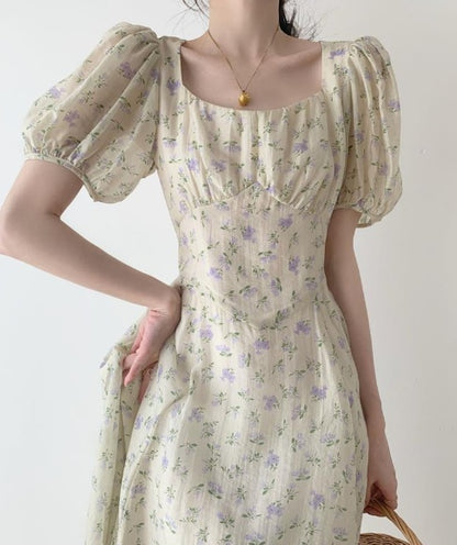 Floral Square Collar Women's Design Sense Niche Texture Puff Sleeve Dress