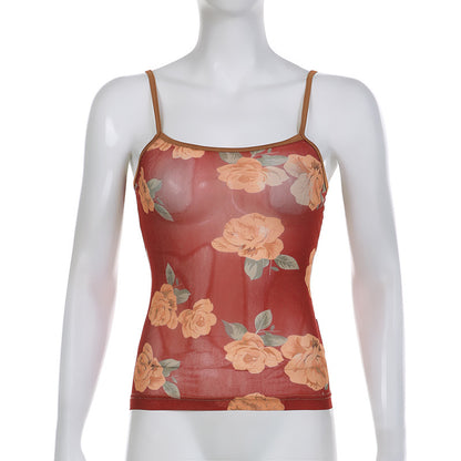 Floral Printed Mesh Small Suspender Bra Vest Top