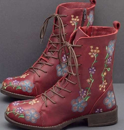 Ladies mid-heel embroidered low boots