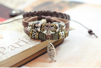 New beaded leather bracelet Jewelry wholesale Factory direct leather bracelet Jesus fish Cross bracelet