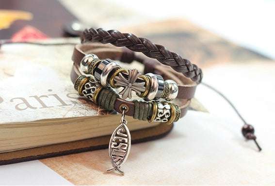 New beaded leather bracelet Jewelry wholesale Factory direct leather bracelet Jesus fish Cross bracelet