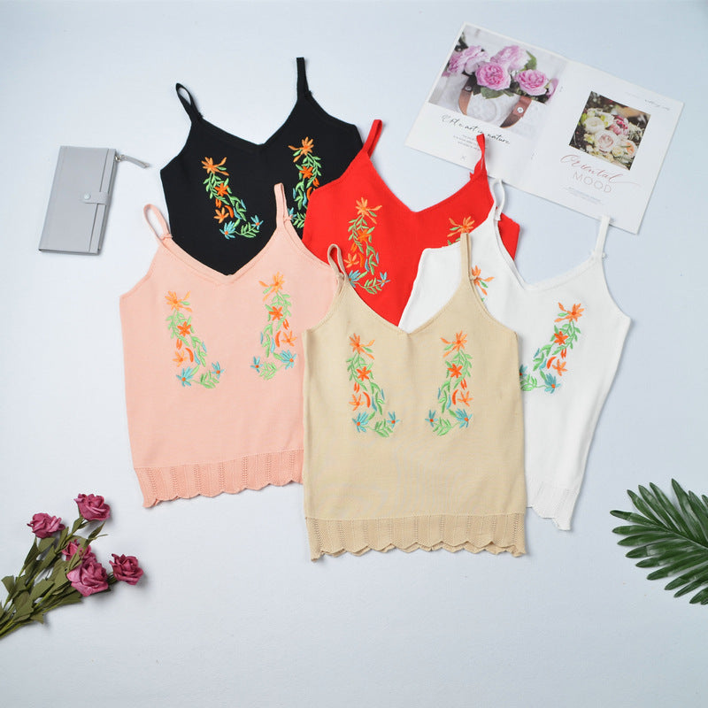 Embroidered Knitted Cami – Elegant & Versatile Sleeveless Sling Top