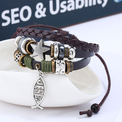 New beaded leather bracelet Jewelry wholesale Factory direct leather bracelet Jesus fish Cross bracelet