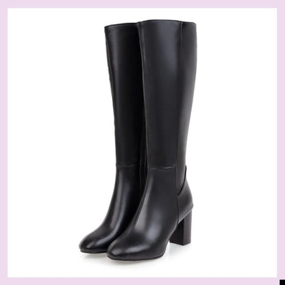 Brown Retro Square Toe Side Zipper Women's Boots