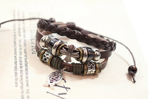 New beaded leather bracelet Jewelry wholesale Factory direct leather bracelet Jesus fish Cross bracelet