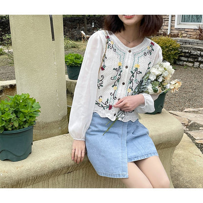 Crocheted Hollow Solid Color Loose Single Breasted Chiffon Shirt Blouse Women