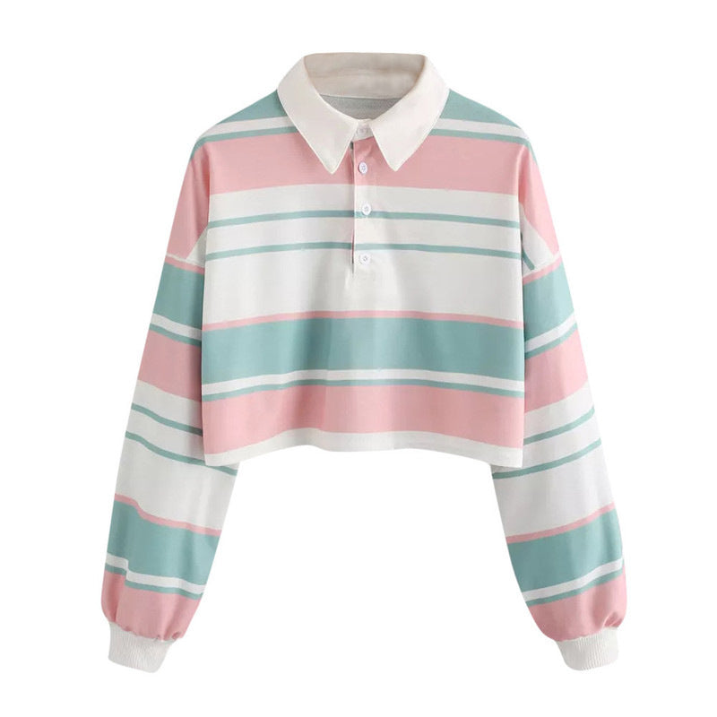 Striped Polo Collar Long Sleeve T-Shirt Woman Spring