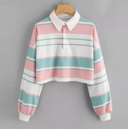 Striped Polo Collar Long Sleeve T-Shirt Woman Spring