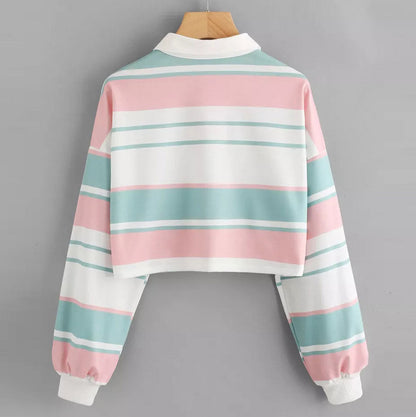 Striped Polo Collar Long Sleeve T-Shirt Woman Spring