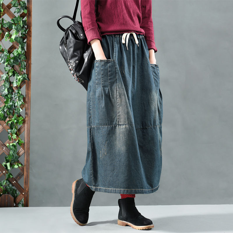 Casual A-Line Denim Skirt with Big Pockets