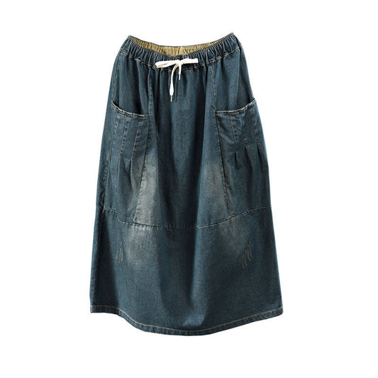 Casual A-Line Denim Skirt with Big Pockets