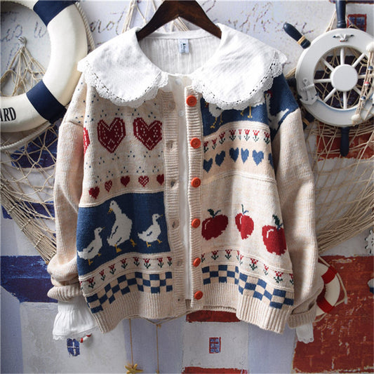 Retro Childlike Duckling Apple Jacquard Knitted Jacket