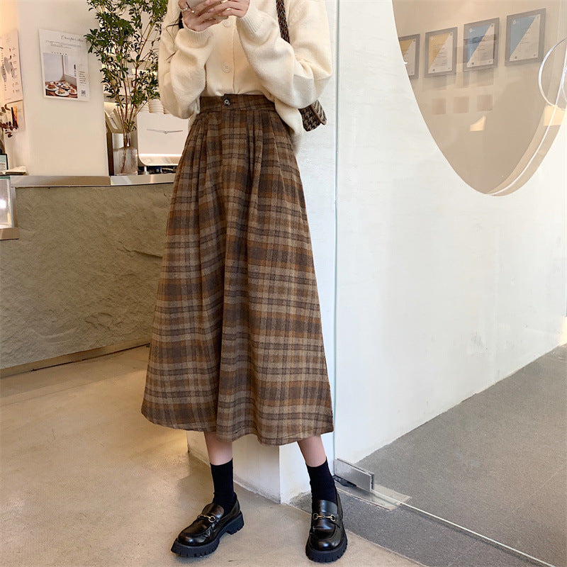 Winter High-grade Coffee Color Plaid Skirt For Women