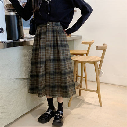 Winter High-grade Coffee Color Plaid Skirt For Women