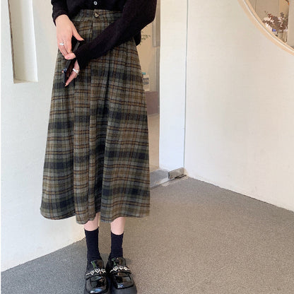 Winter High-grade Coffee Color Plaid Skirt For Women