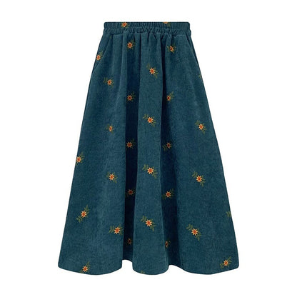 Women's Ancient Corduroy Embroidered Skirt Overknee Dress