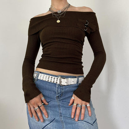 Women's Sweater Brown Cuffed Off-shoulder Metal Buckle Sweater