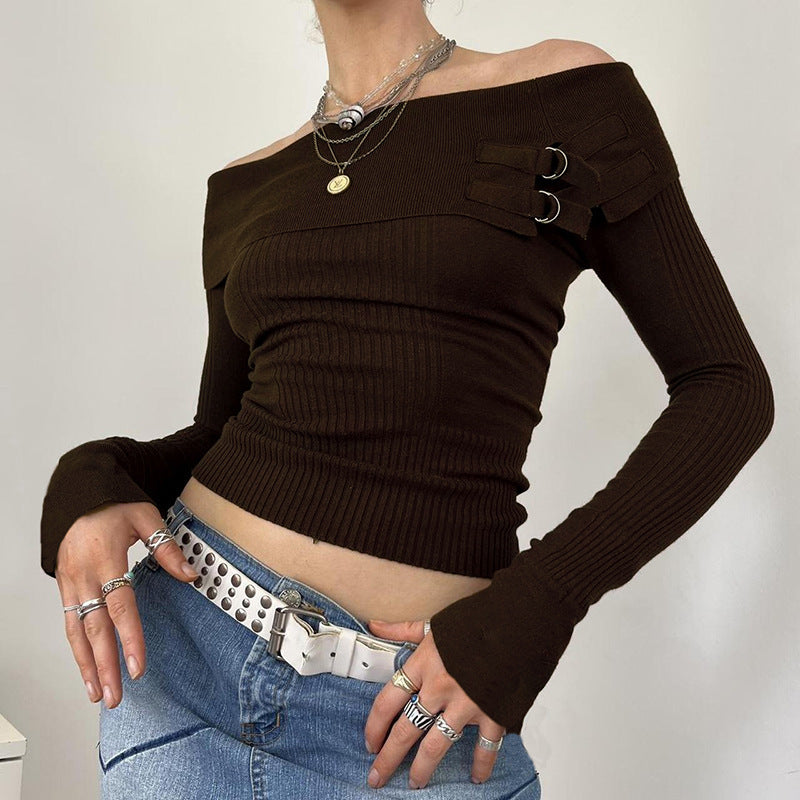 Women's Sweater Brown Cuffed Off-shoulder Metal Buckle Sweater