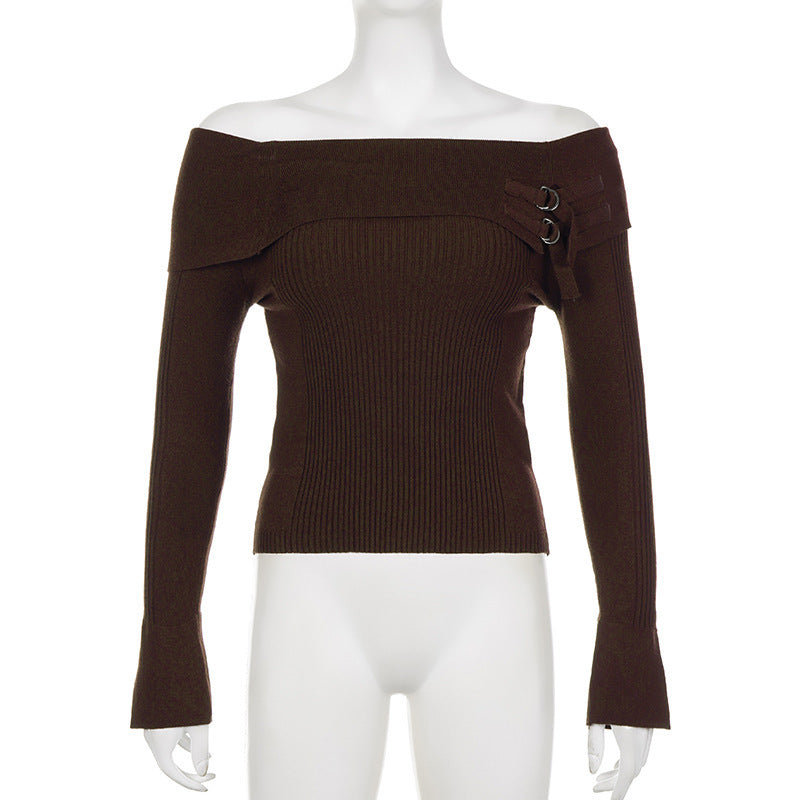 Women's Sweater Brown Cuffed Off-shoulder Metal Buckle Sweater