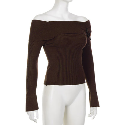 Women's Sweater Brown Cuffed Off-shoulder Metal Buckle Sweater