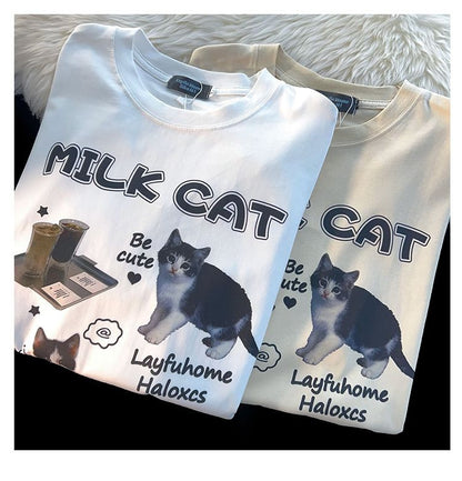 Cartoon Cat Summer Round Neck Short Sleeves T-shirt For Men And Women