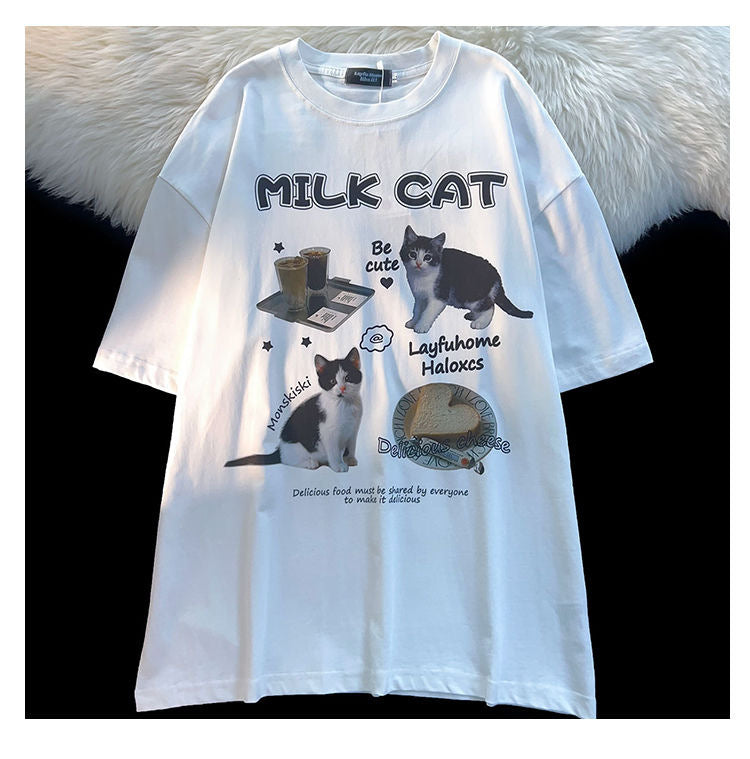 Cartoon Cat Summer Round Neck Short Sleeves T-shirt For Men And Women