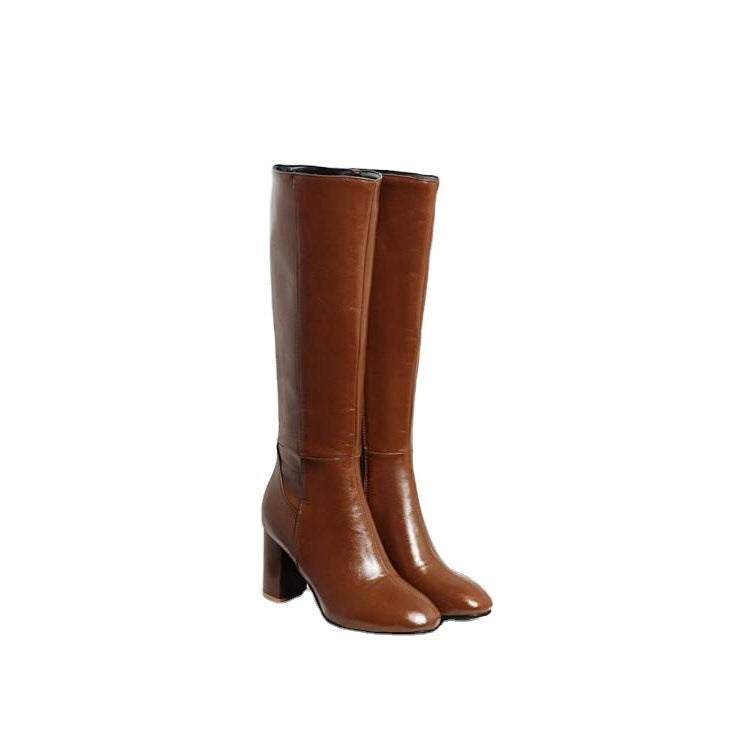 Brown Retro Square Toe Side Zipper Women's Boots