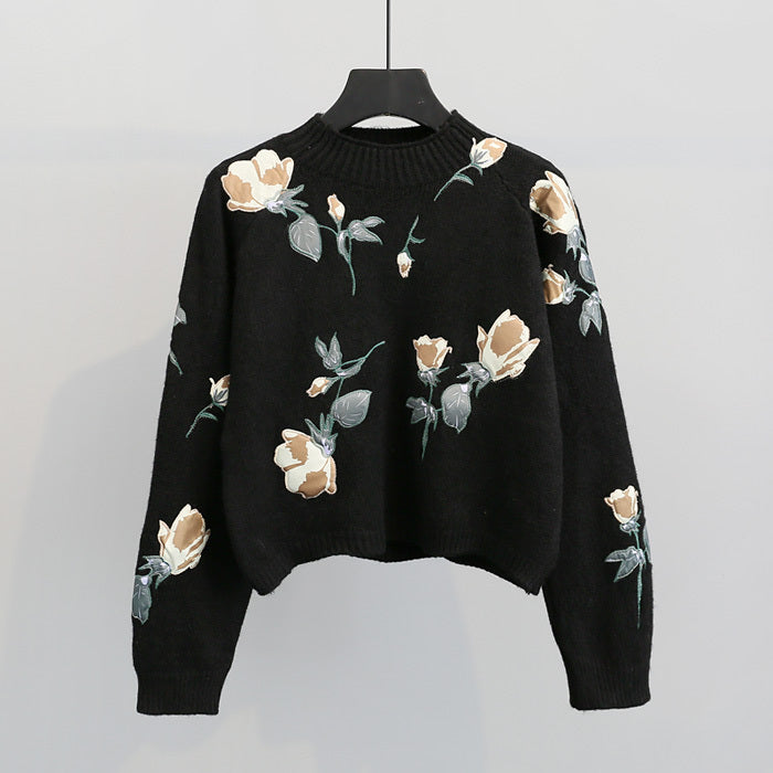 Embroidered Floral Pullover Sweater: Cozy Elegance