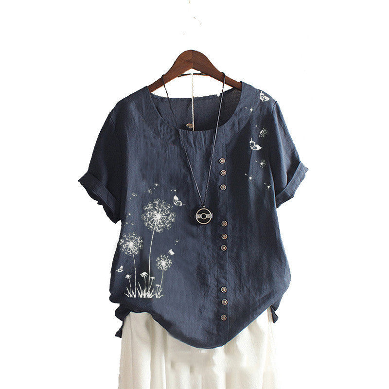 Large Size Casual Loose Cotton And Linen Print Dandelion Short Sleeve Pullover T-shirt