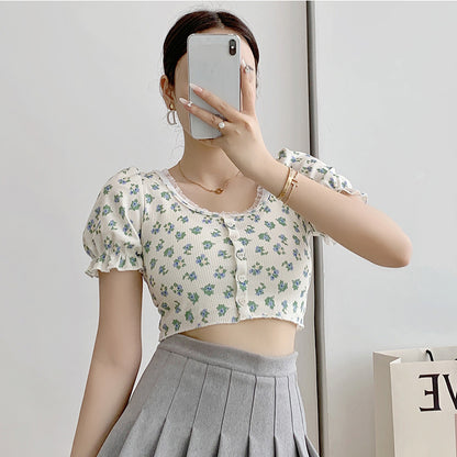 Retro Short Floral Puff Sleeve T-shirt Women