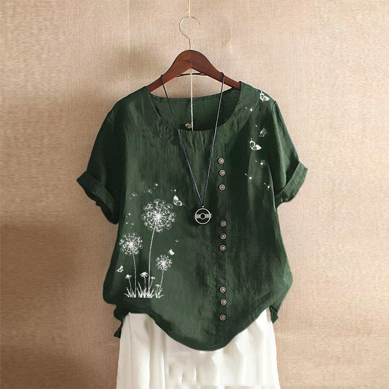 Large Size Casual Loose Cotton And Linen Print Dandelion Short Sleeve Pullover T-shirt