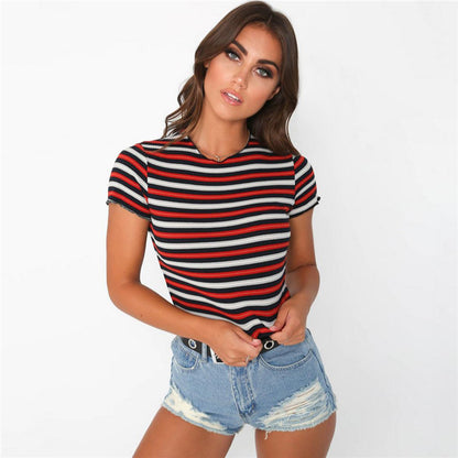 Striped round neck short sleeve T