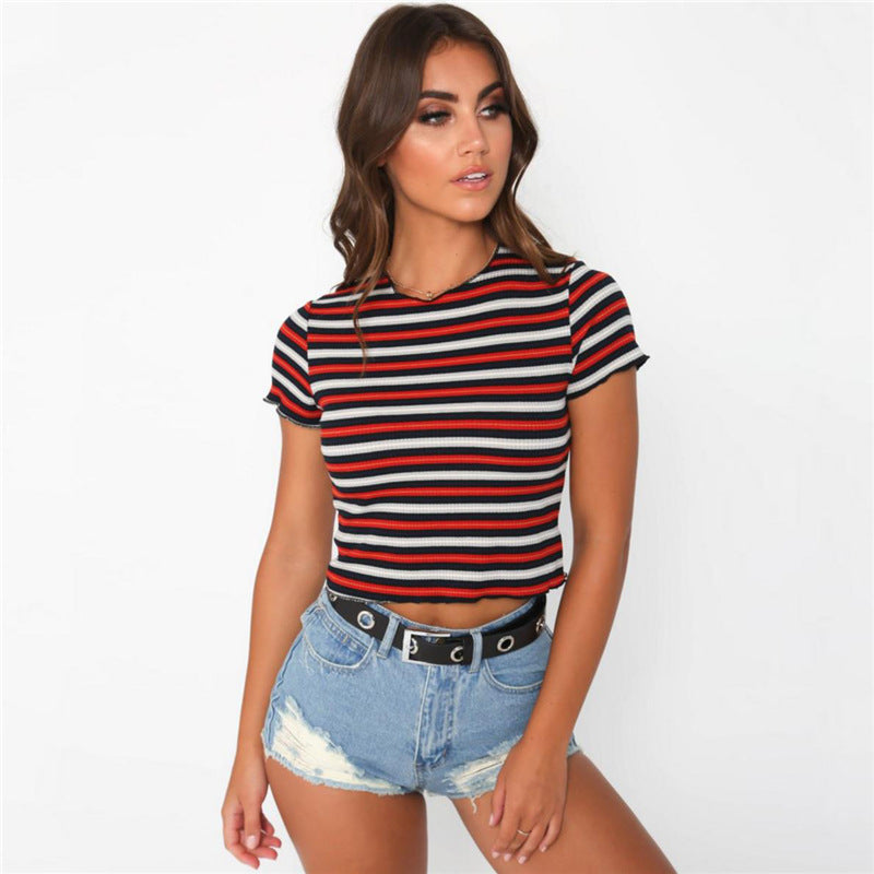 Striped round neck short sleeve T