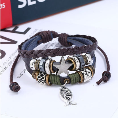 New beaded leather bracelet Jewelry wholesale Factory direct leather bracelet Jesus fish Cross bracelet