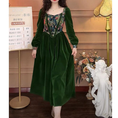 Green Velvet Jacquard Long Sleeve Retro Dress