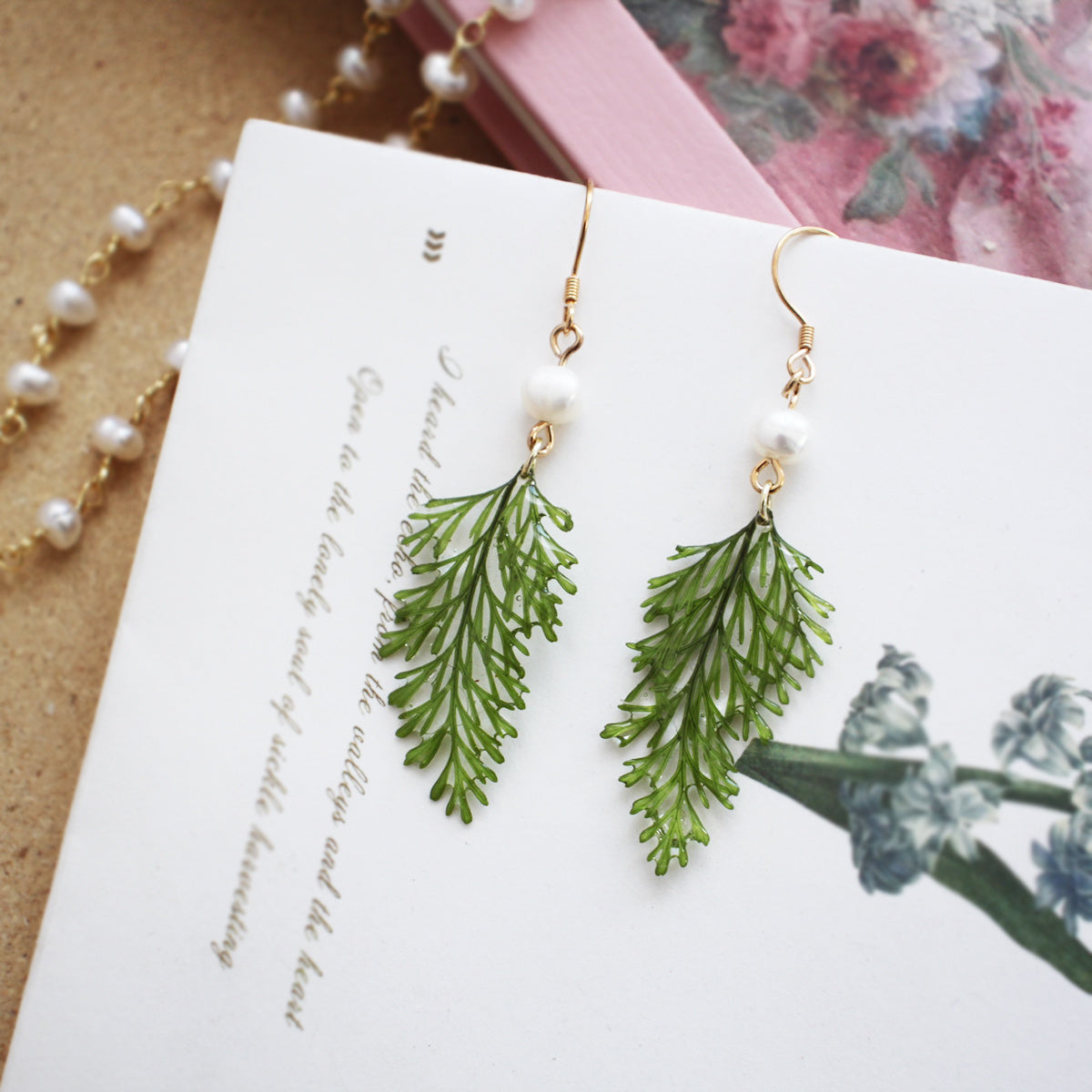 Elegant Fern Leaves Pearl Earrings