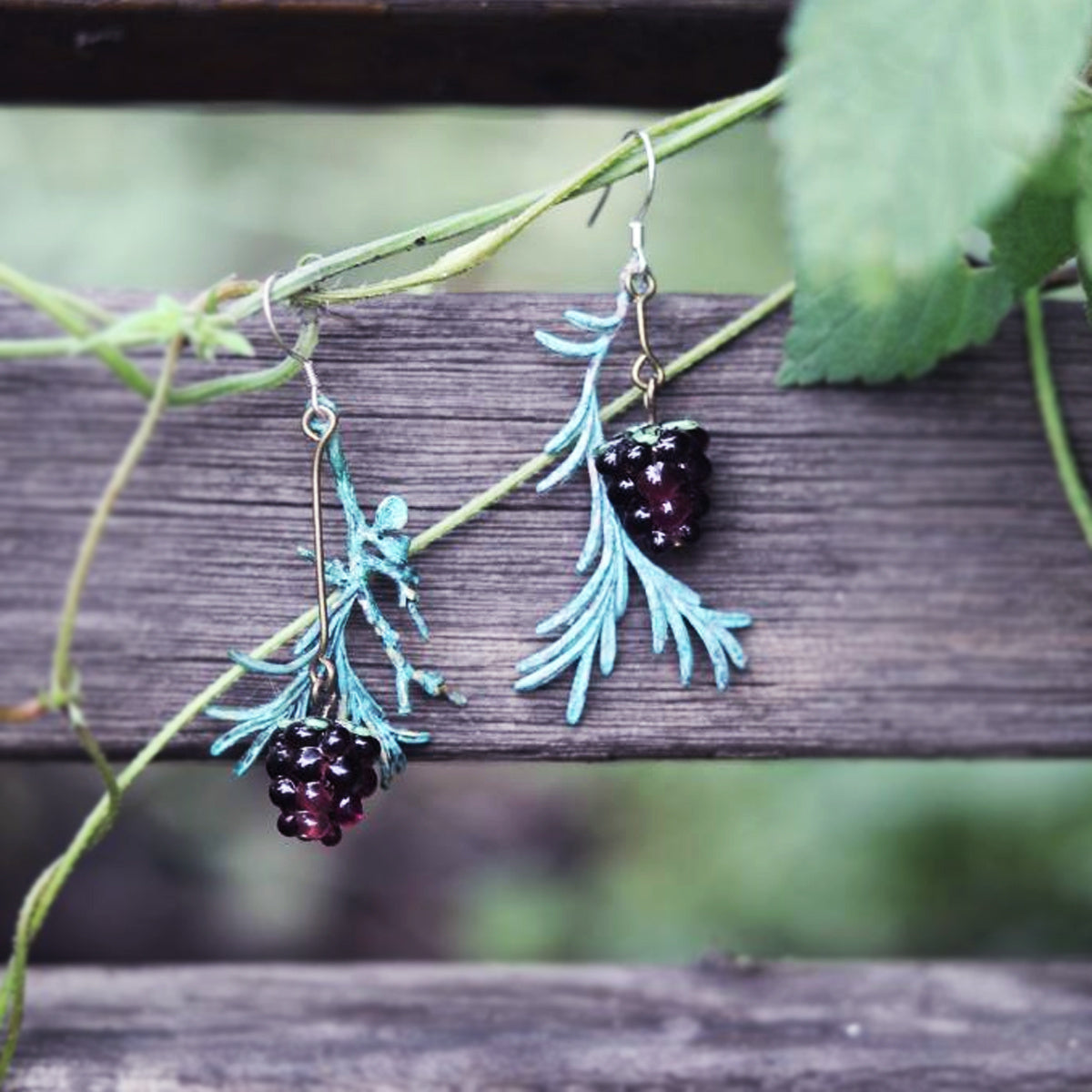 Vintage Raspberry Brass Eardrops: Nature-Inspired Chic