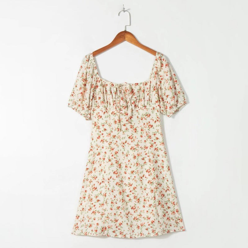 Square Collar A- Line Floral Print Dress