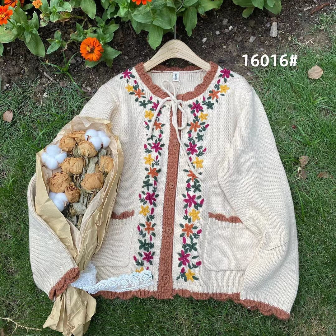 SweaterVintage Embroidered Lace Up Knit Sweater Jacket Women's Cardigan