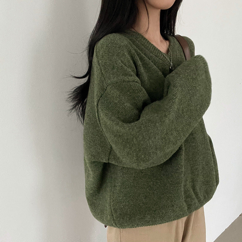 All-matching Solid Color V-neck Pullover Sweater Lazy