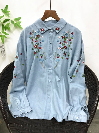 Japanese Mori Girl Washed Handmade Vintage Embroidery Cotton Denim Shirt